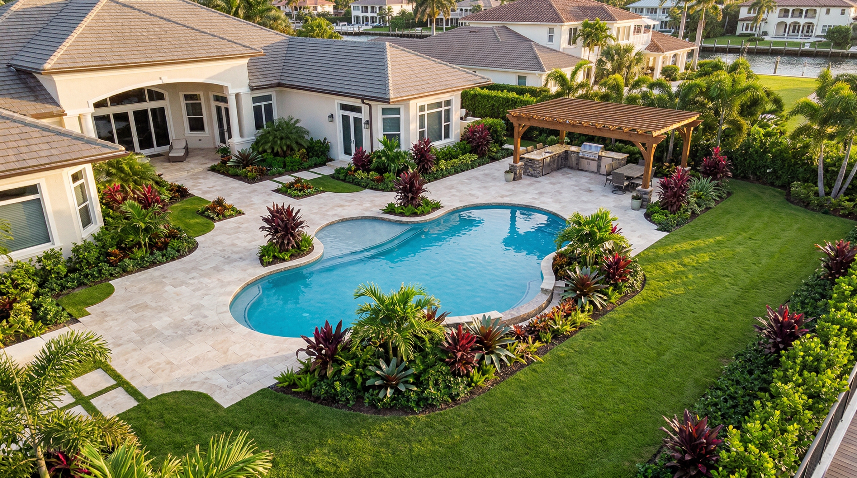 Aerial view of backyard pool and pergola landscaping